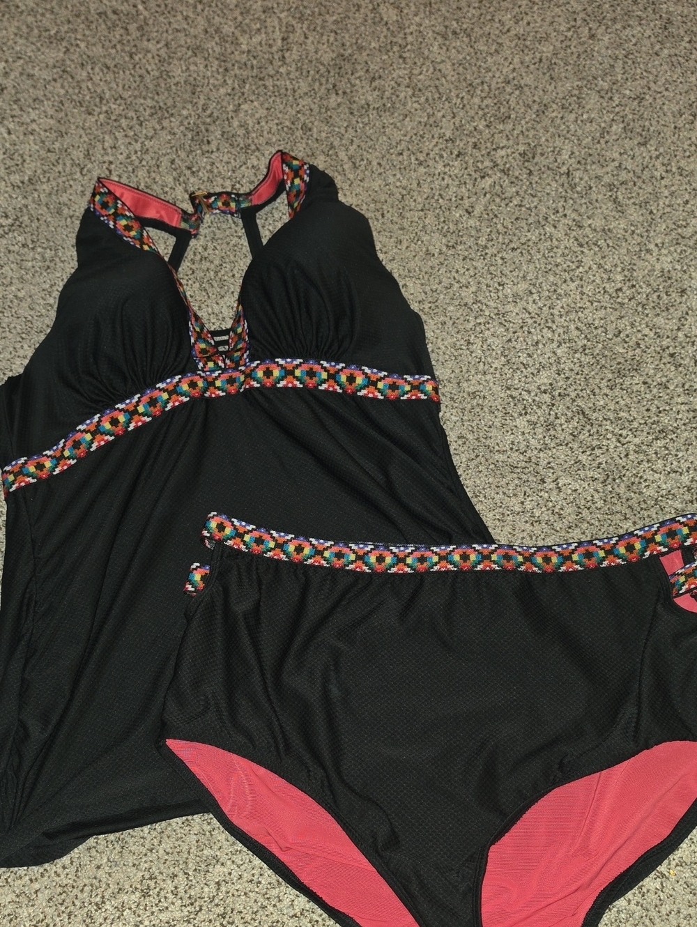 Cacique Aztec Trim and Black 44c Tankini Top And High Waist Bottoms 18/20
